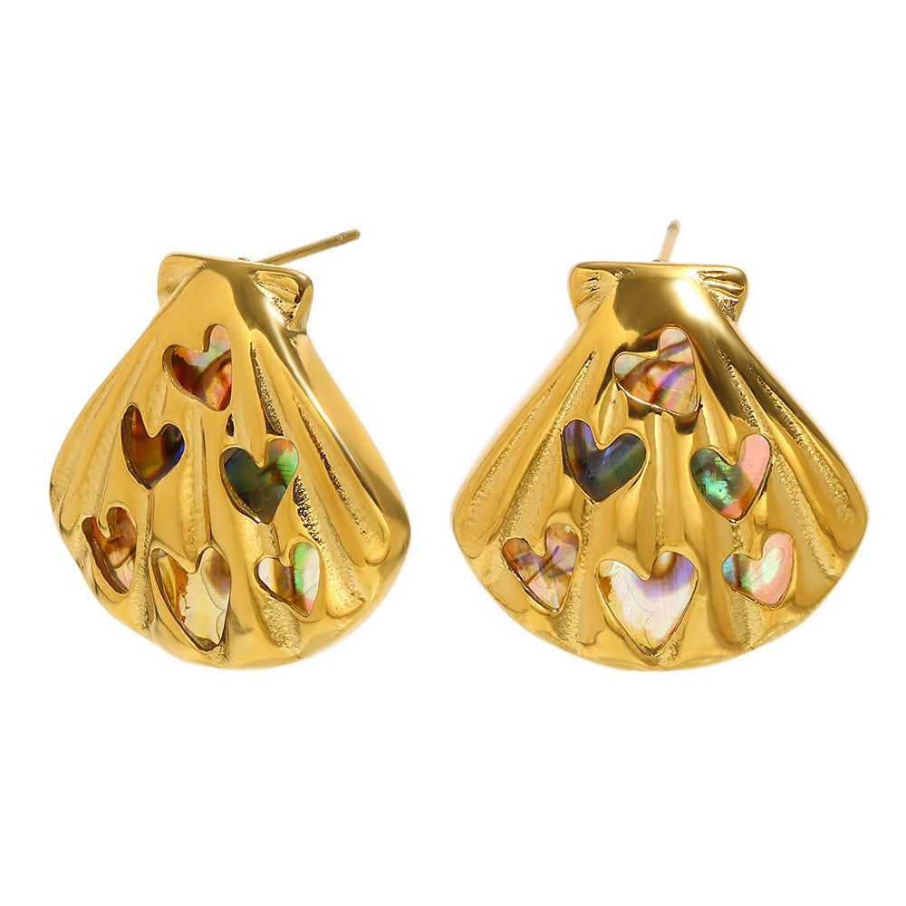 Bohemia Fashion Stainless Steel 18K Gold Plated Hollowed-Out Abalone Shell Stud Earrings Waterproof Hypoallergenic Anniversary