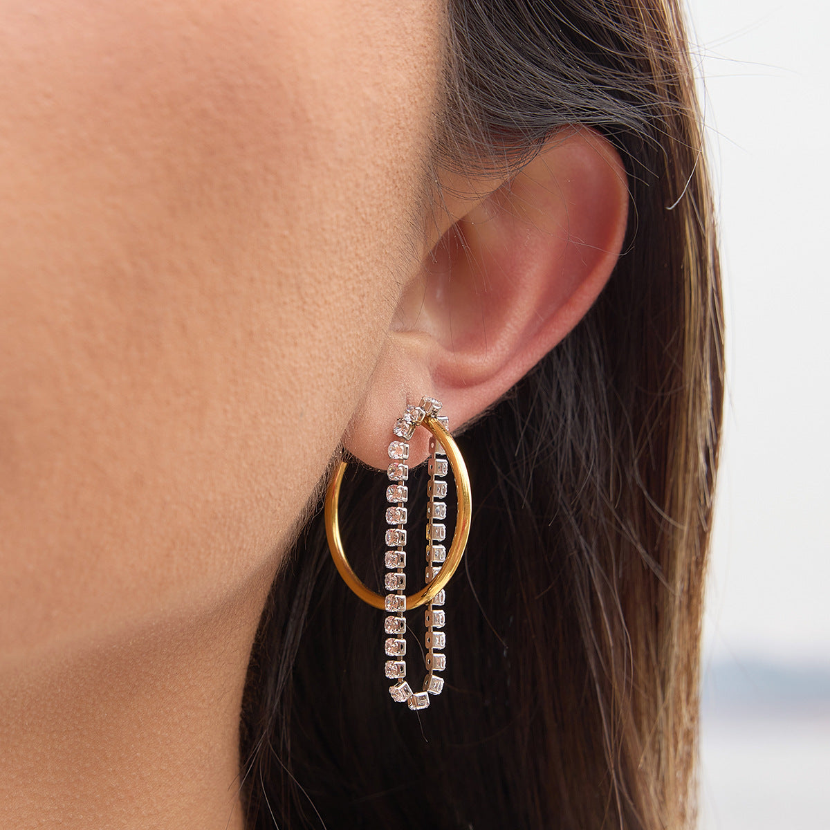 18K Gold Plated Stainless Steel Two-Tone C-Hoop Earrings with Zircon Trendy Tassel Luxury High-End Women's Accessories