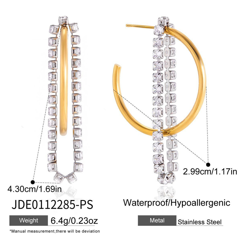 18K Gold Plated Stainless Steel Two-Tone C-Hoop Earrings with Zircon Trendy Tassel Luxury High-End Women's Accessories