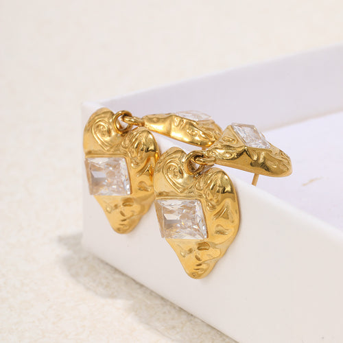 Best Gift Cute Jewelry Women 18K Gold Plated Stainless Steel Two Heart Drop Earrings White Large Rectangular Zircons Party