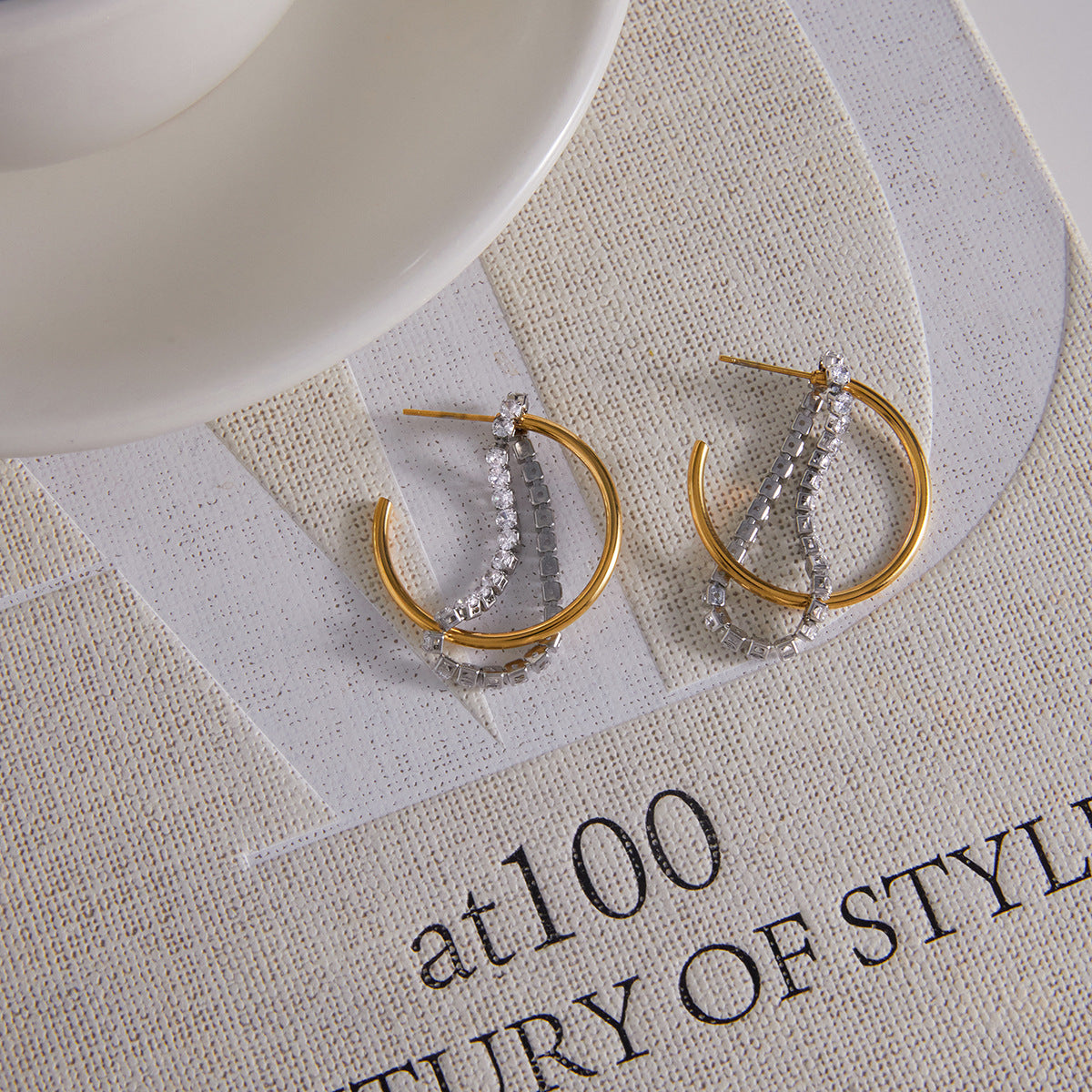 18K Gold Plated Stainless Steel Two-Tone C-Hoop Earrings with Zircon Trendy Tassel Luxury High-End Women's Accessories