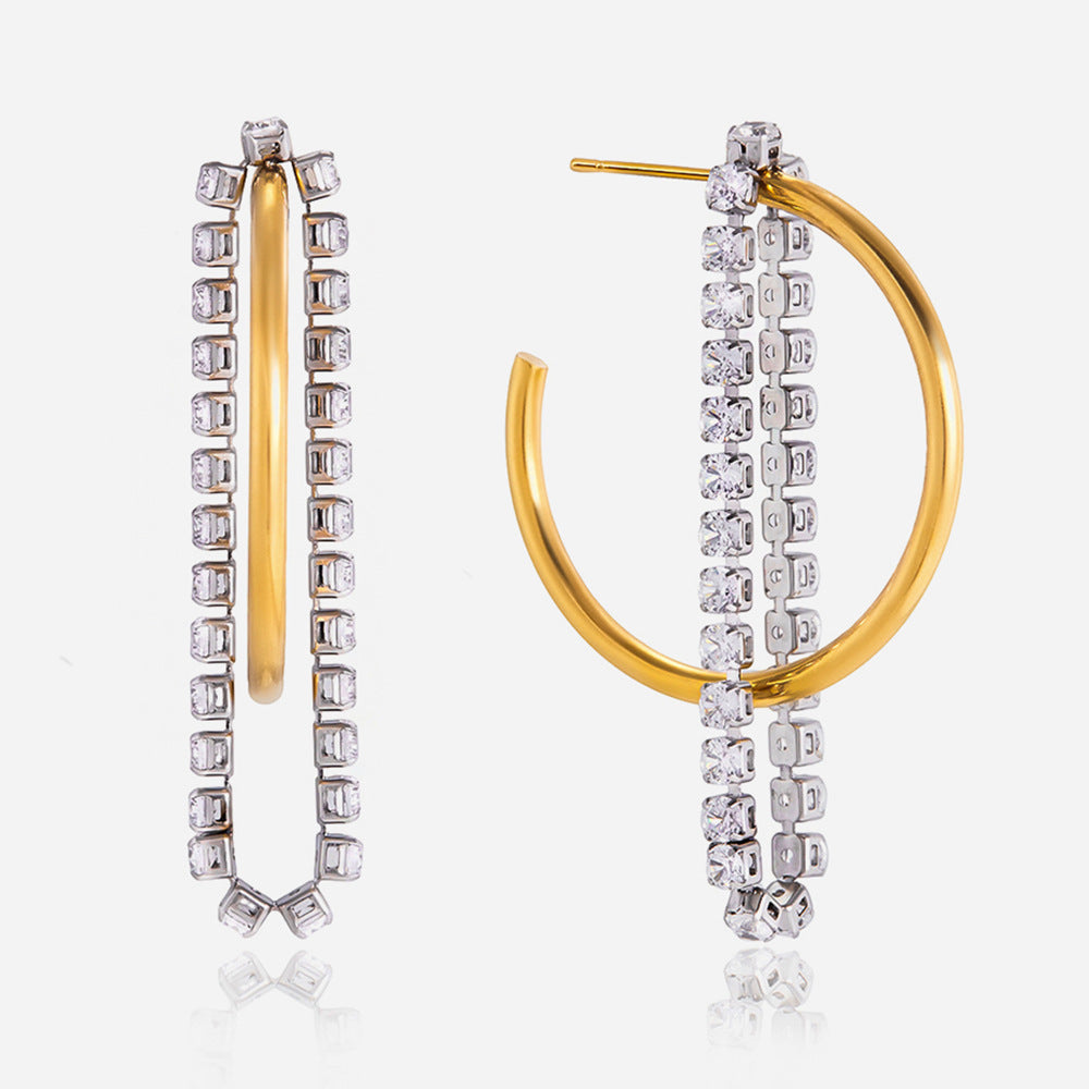 18K Gold Plated Stainless Steel Two-Tone C-Hoop Earrings with Zircon Trendy Tassel Luxury High-End Women's Accessories