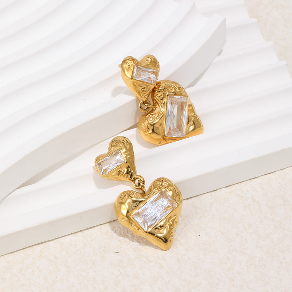 Best Gift Cute Jewelry Women 18K Gold Plated Stainless Steel Two Heart Drop Earrings White Large Rectangular Zircons Party
