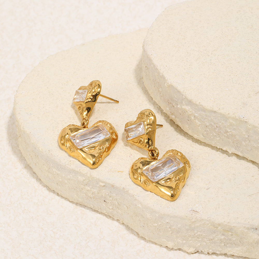 Best Gift Cute Jewelry Women 18K Gold Plated Stainless Steel Two Heart Drop Earrings White Large Rectangular Zircons Party