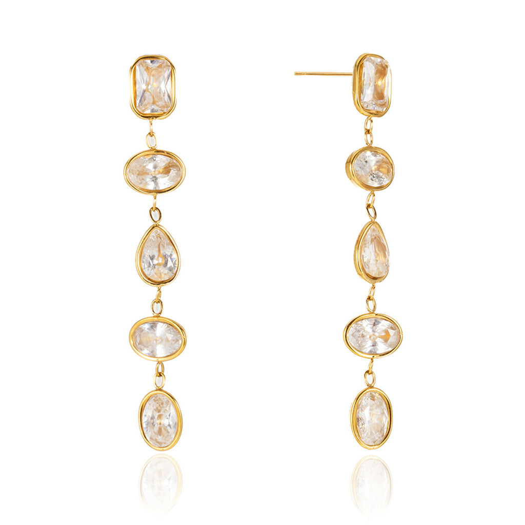 Customizable 18K Gold PVD Plated Long Drop Earrings Multi-Zircon Channel Set Trendy Stainless Steel Jewelry for Girls Parties