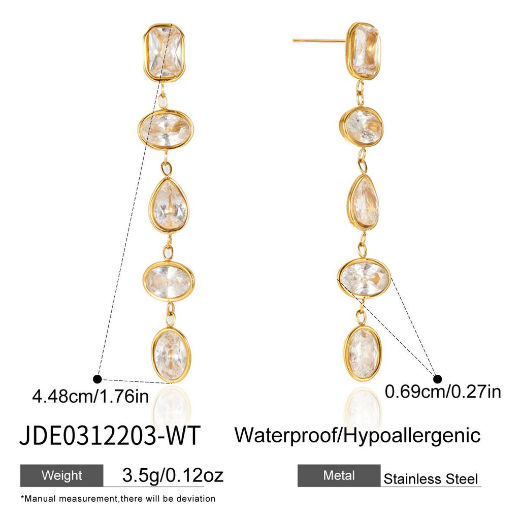 Customizable 18K Gold PVD Plated Long Drop Earrings Multi-Zircon Channel Set Trendy Stainless Steel Jewelry for Girls Parties