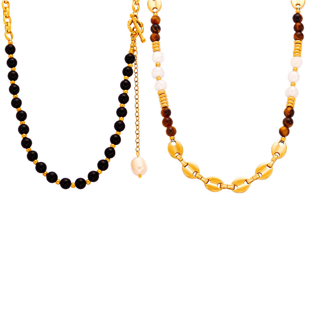 Customizable Vintage Necklace Natural Stones Pearls 18K Gold PVD Plated Stainless Steel Peace Design Unisex Beaded Party