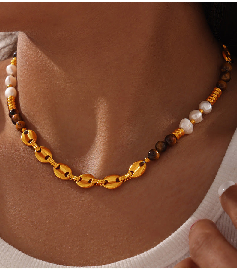 Customizable Vintage Necklace Natural Stones Pearls 18K Gold PVD Plated Stainless Steel Peace Design Unisex Beaded Party