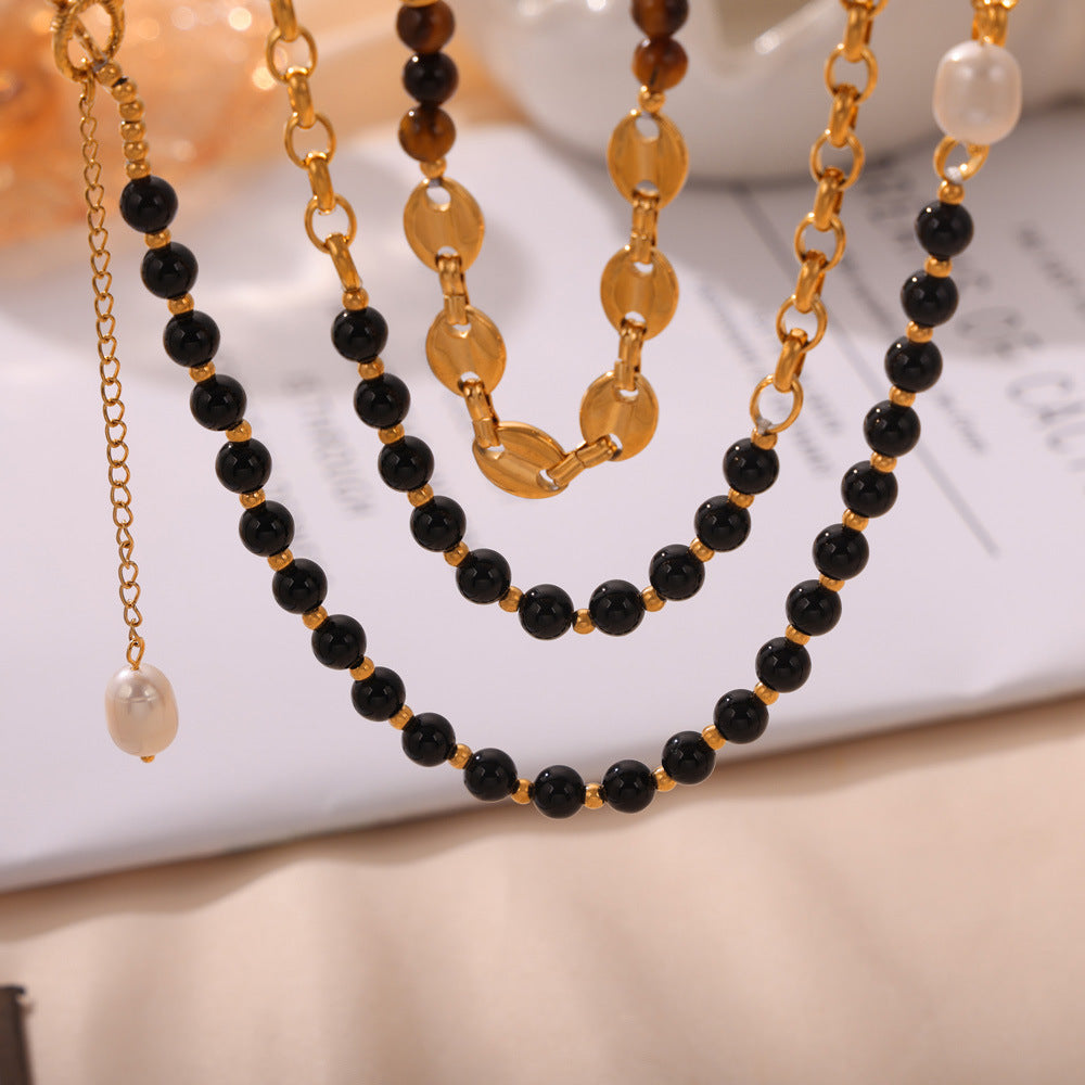 Customizable Vintage Necklace Natural Stones Pearls 18K Gold PVD Plated Stainless Steel Peace Design Unisex Beaded Party