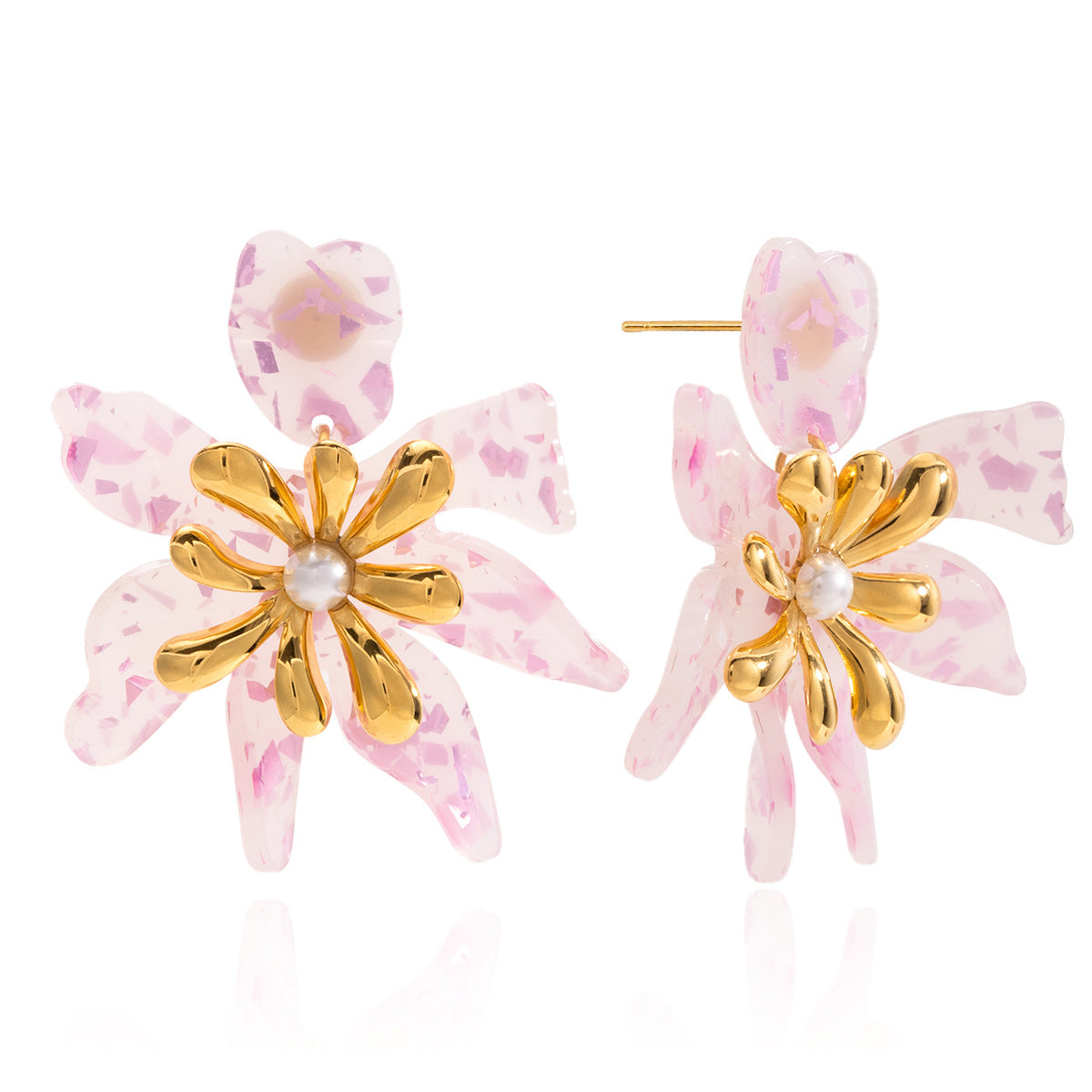 Vivid Large pink Flower Trendy Stud Earrings 18K Gold Plated Stainless Steel Waterproof Certified Jewelry for Women for Parties