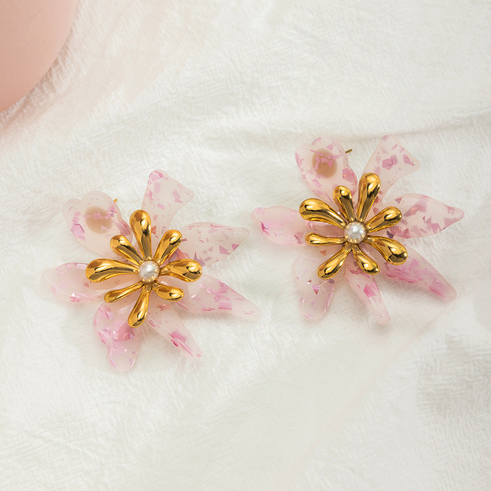 Vivid Large pink Flower Trendy Stud Earrings 18K Gold Plated Stainless Steel Waterproof Certified Jewelry for Women for Parties
