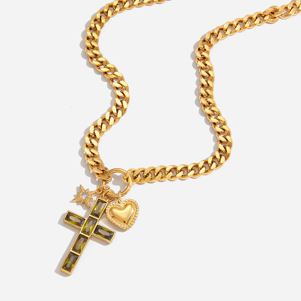 Customizable 18k Gold Plated Stainless Steel Cross Heart Star Pendant Necklace for Women Trendy Chains with Zircon for Parties
