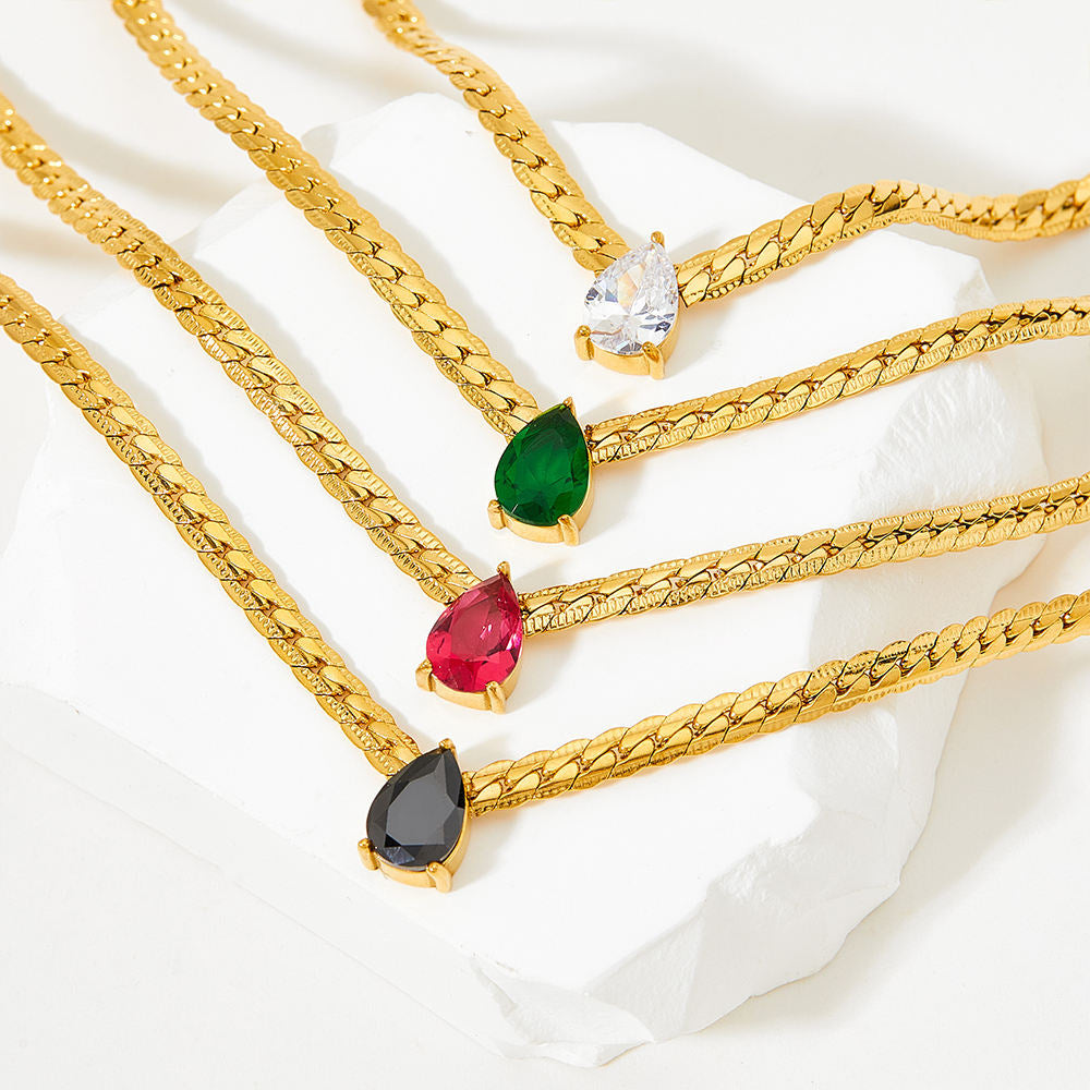 18k Gold PVD Stainless Steel Water Drop Colorful Zircon Pendant Necklaces Fashion Jewelry for Women