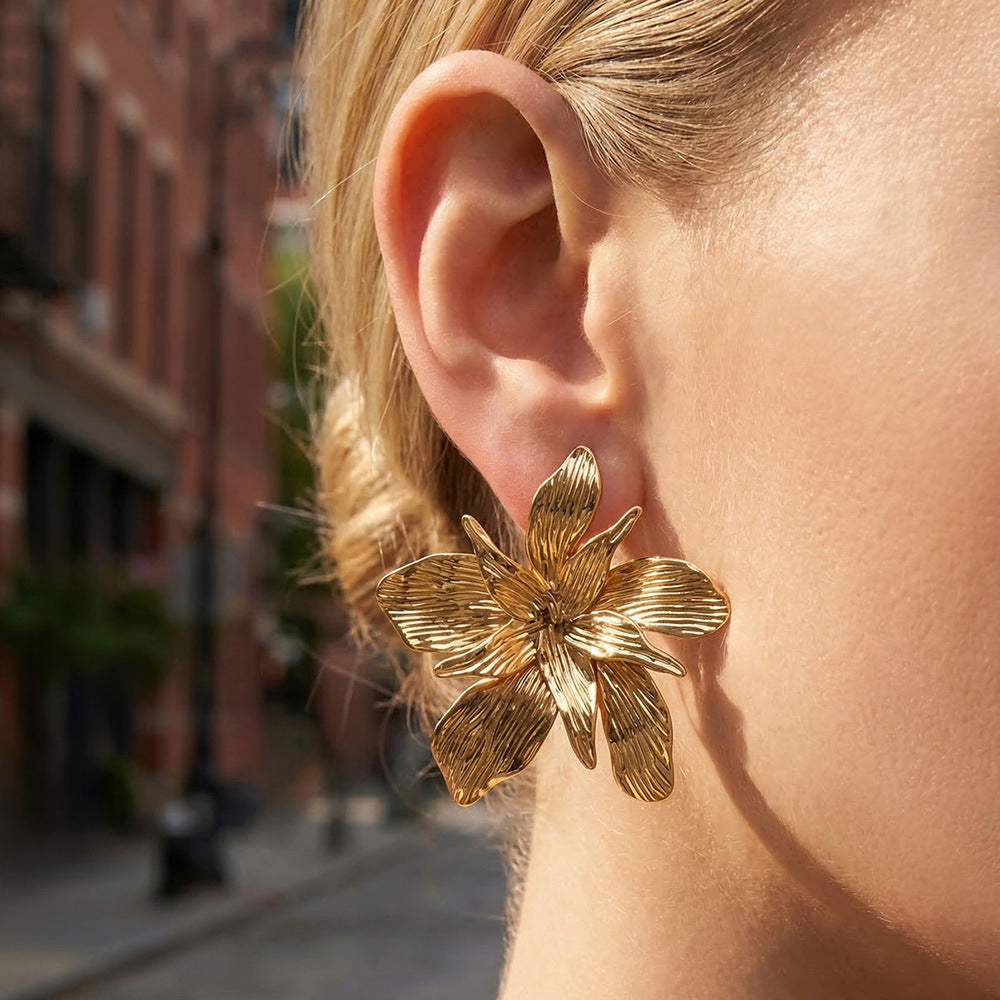 Double-layer Large Flower Stud Earrings Women's Trendy Party Elegant Personalized Stainless Steel 18K Gold Plated Fashion