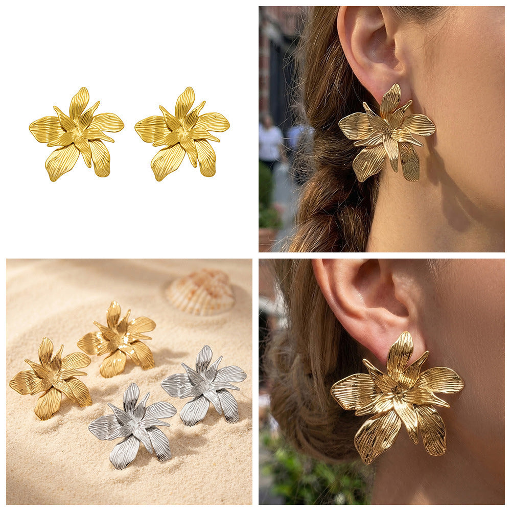 Double-layer Large Flower Stud Earrings Women's Trendy Party Elegant Personalized Stainless Steel 18K Gold Plated Fashion