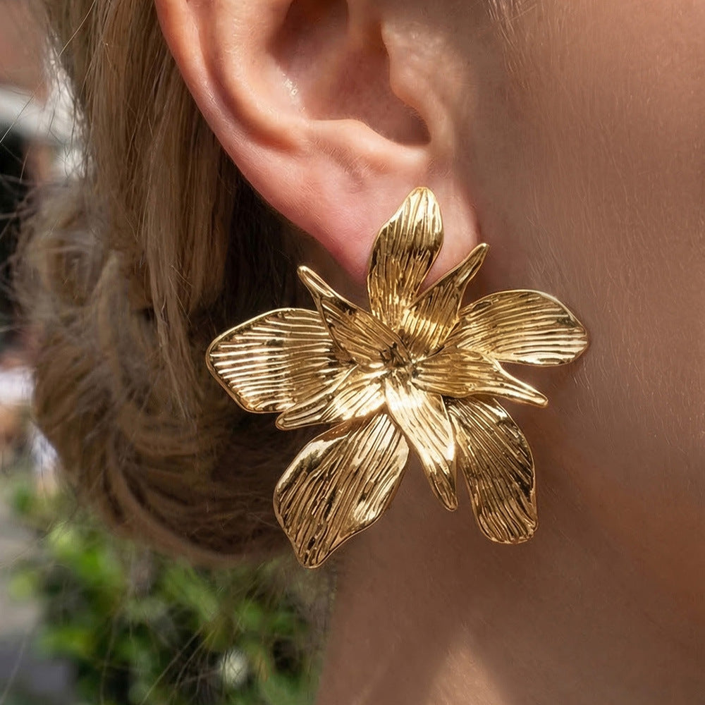 Double-layer Large Flower Stud Earrings Women's Trendy Party Elegant Personalized Stainless Steel 18K Gold Plated Fashion