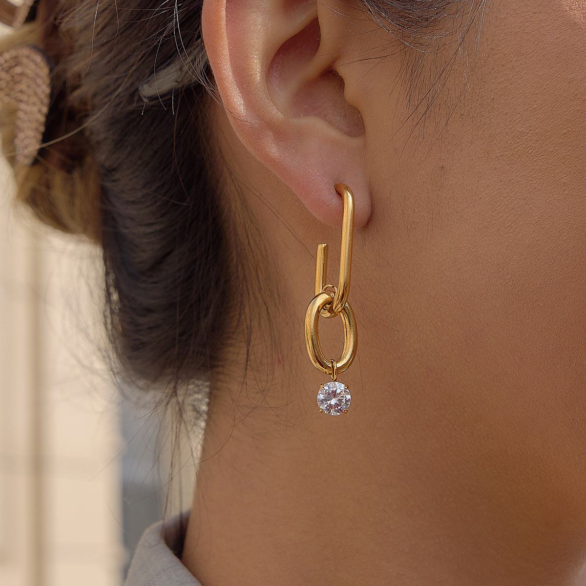 Stainless Steel Zirconium Drop Earrings 18K Gold Plated Light Luxury High-End Feel Unique Design Party Jewelry