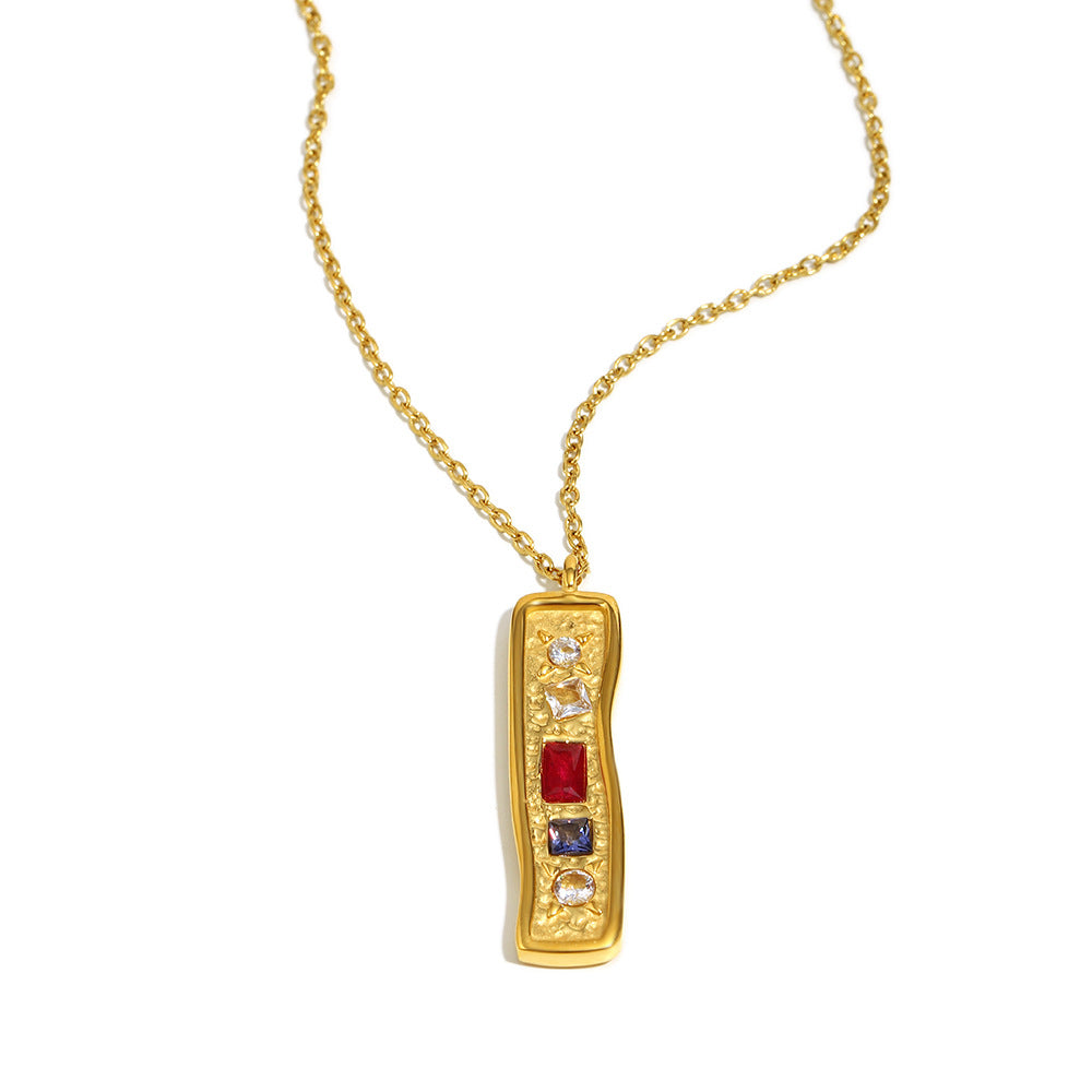 Customizable 18K Gold PVD Stainless Steel Link Chain Necklace Trendy Rectangular Pendant with Geometric Zircons for Parties