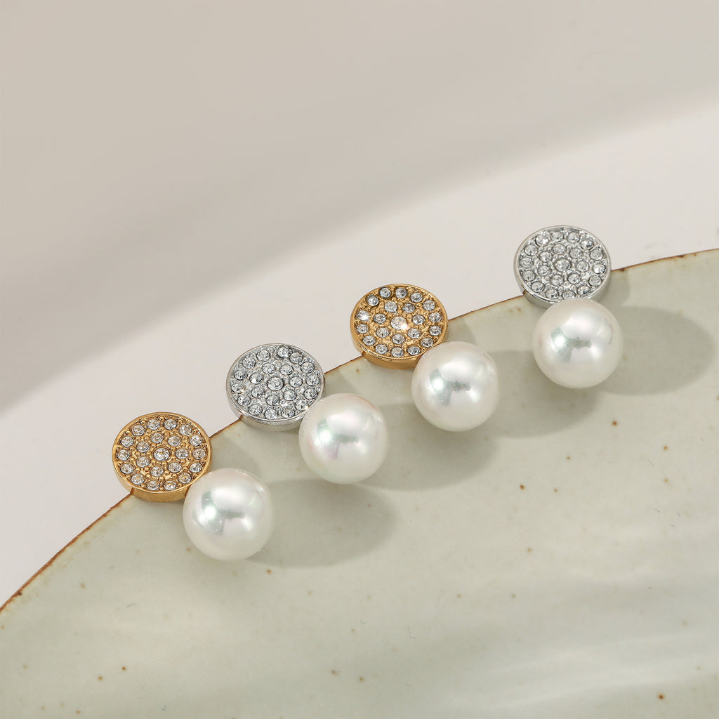Stainless Steel Imitation Pearl White Zircons Stud Earrings 18K Gold Plated Trendy Women's Jewelry for Wedding Gift
