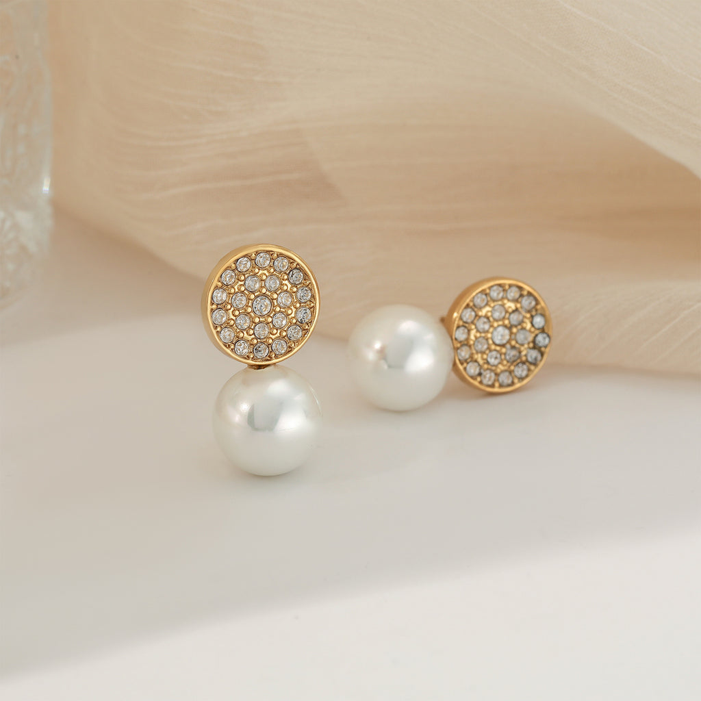 Stainless Steel Imitation Pearl White Zircons Stud Earrings 18K Gold Plated Trendy Women's Jewelry for Wedding Gift