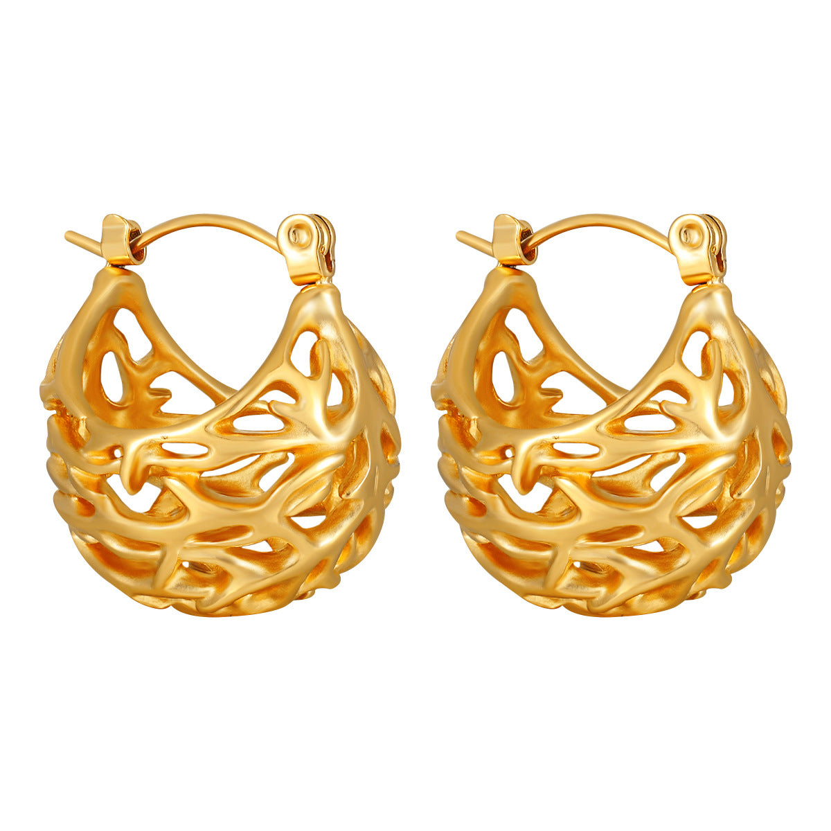 18K Gold Plated Waterproof Stainless Steel Hoop Earrings Peace Design Trendy Hollow Design for Unisex Wholesale Customization