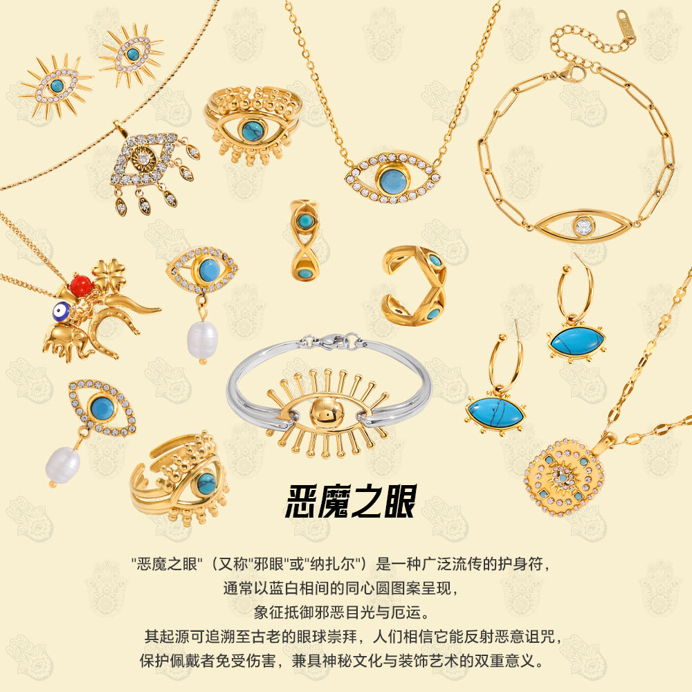 Customizable 18K Gold PVD Stainless Steel Eye Zirconia Pendant Necklace Cute Link Chain Vintage Religious Gift Diamond Pearl