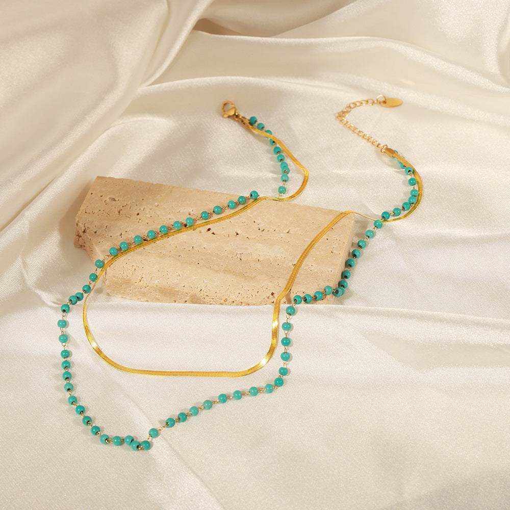 Customizable Natural Turquoise Stone Bohemian Beaded Stainless Steel 18K Gold Plated Two-Layer Fashion Jewelry Necklace for