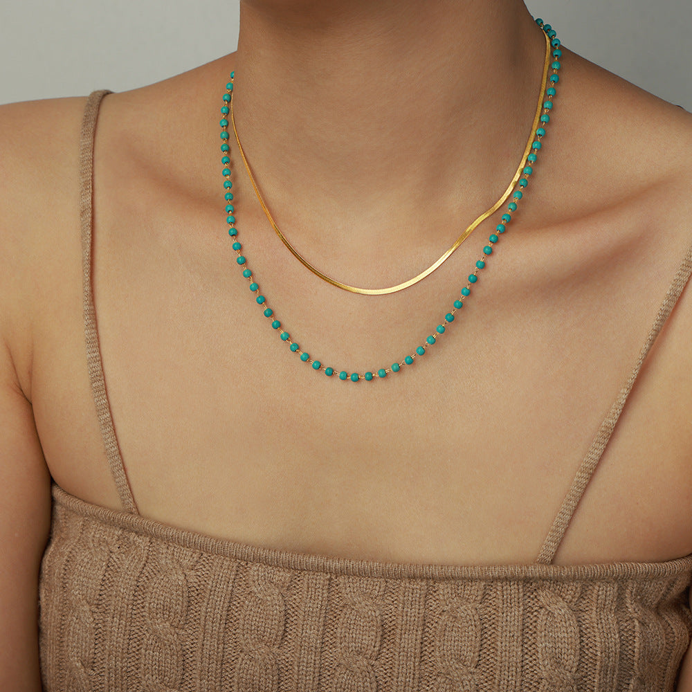 Customizable Natural Turquoise Stone Bohemian Beaded Stainless Steel 18K Gold Plated Two-Layer Fashion Jewelry Necklace for
