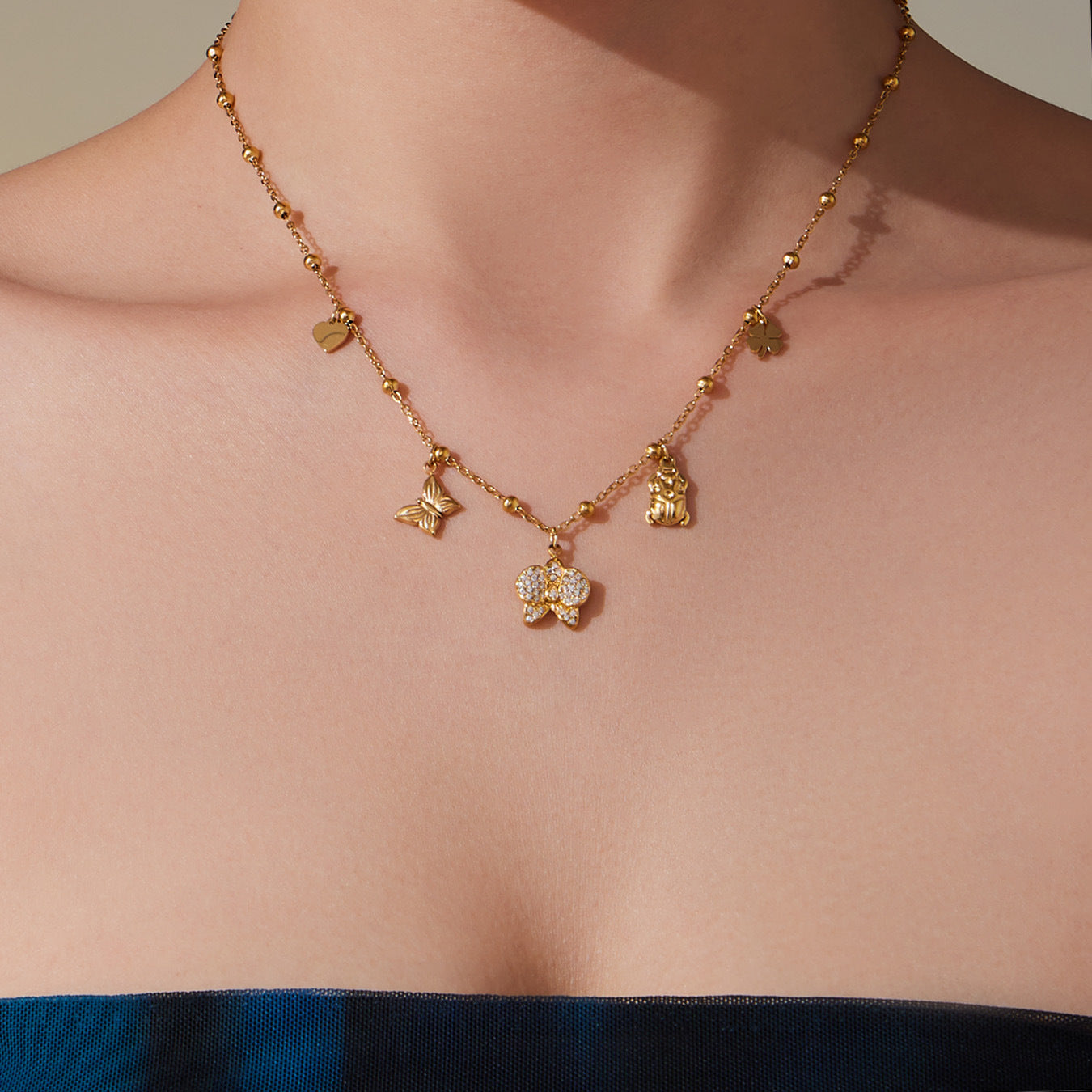 Customizable PVD 18k Gold Plated Stainless Steel Charm Necklaces Trendy Butterfly Heart with Zircon for Girls for Parties