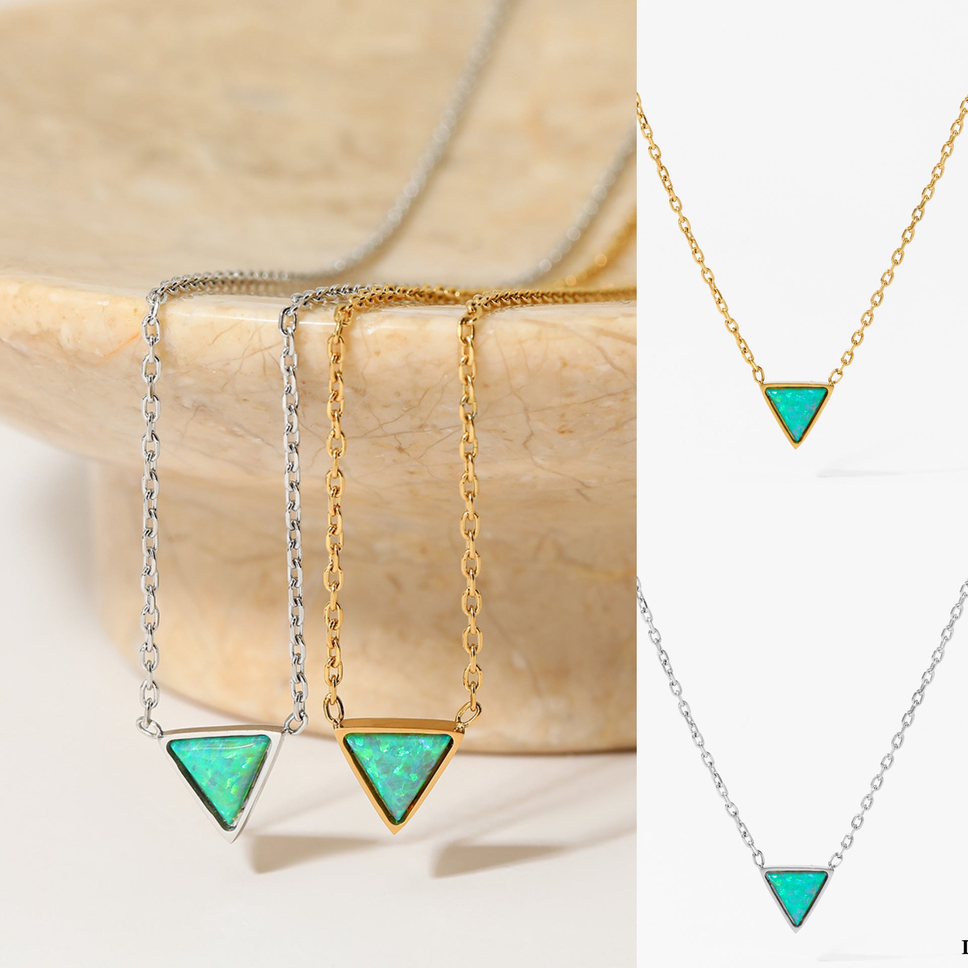 Wholesale Stainless Steel 18k Gold Plated Triangle Opal Stone Pendant Necklaces Fashion Jewelry for Women