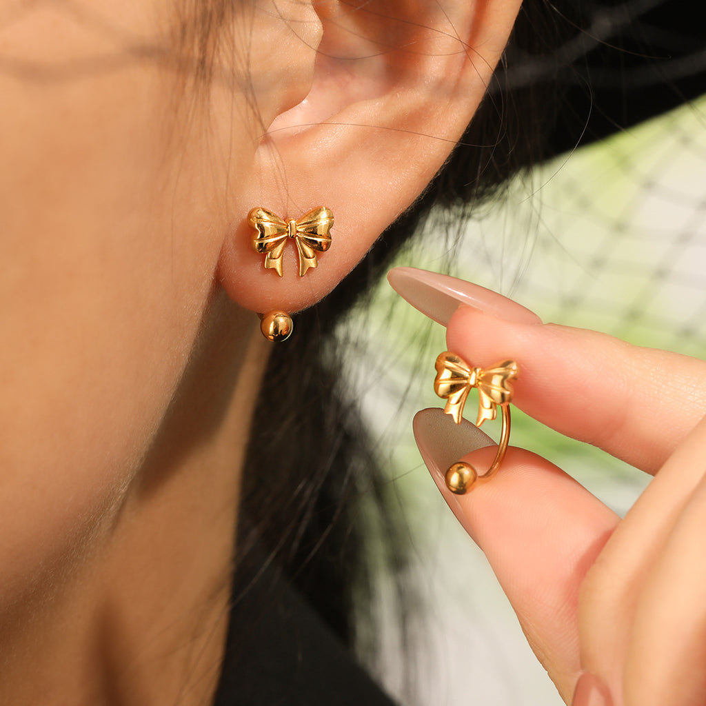 Stainless Steel 18K Gold Plated Bow Cuff Earrings Waterproof Hypoallergenic Tarnish-Free Cute Design Party Wedding Trendy