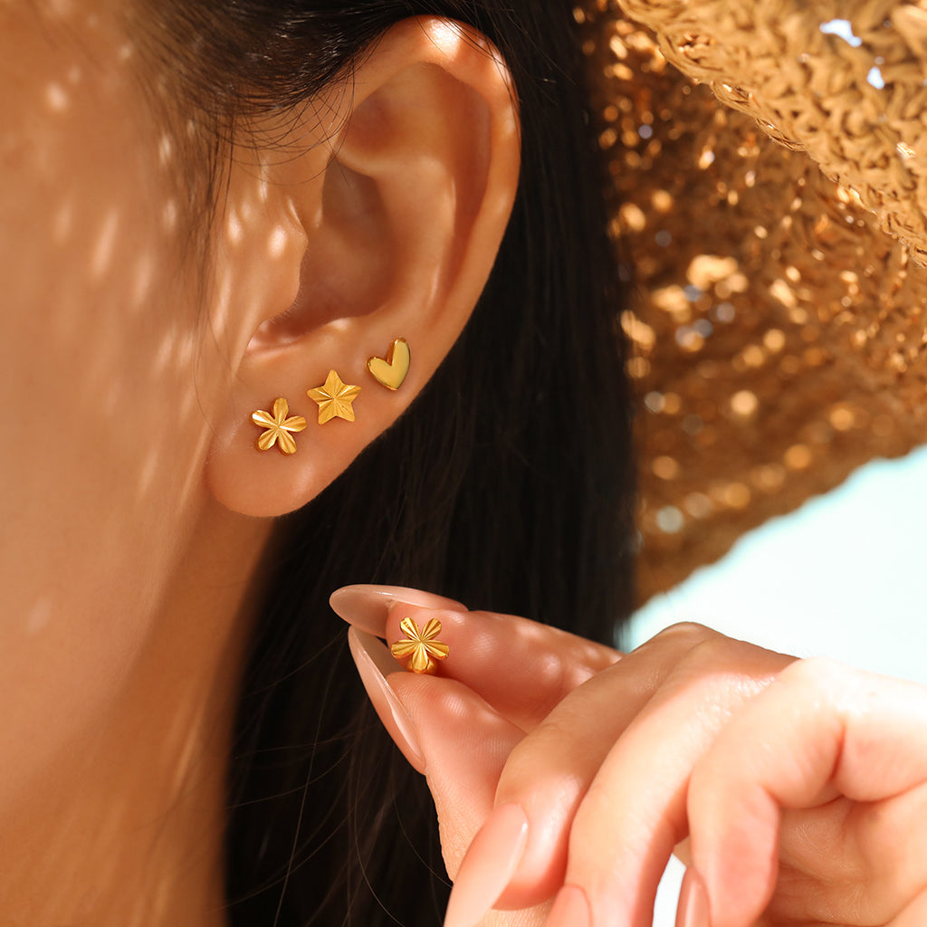 18K Gold Plated Stainless Steel Trendy Flower Heart Star Stud Earrings for Women's Party Occasion