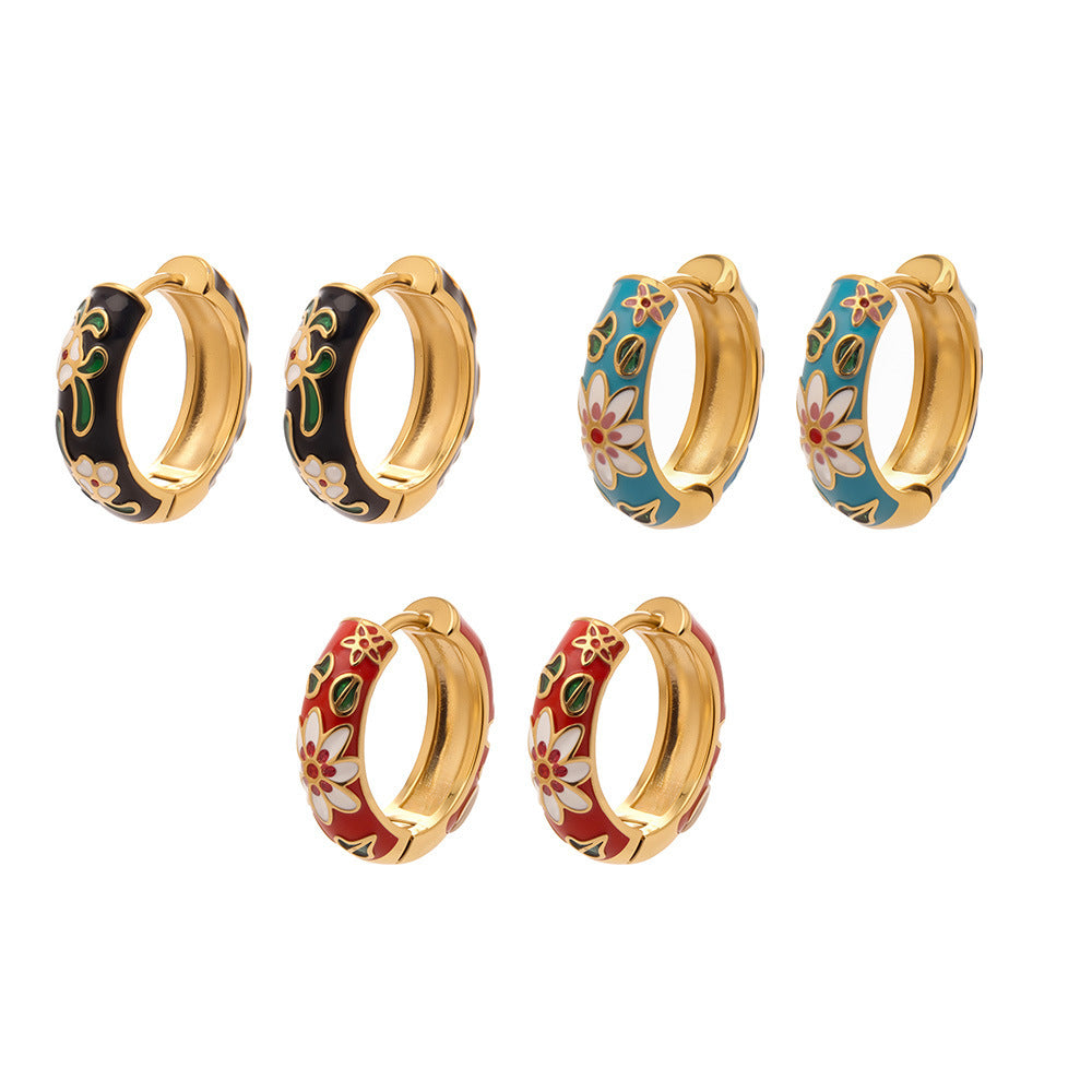 MH 18K Gold Plated Waterproof Stainless Steel Hoop Earrings Zircon Customizable Trendy Color Enamel Peace Design Unisex Jewelry