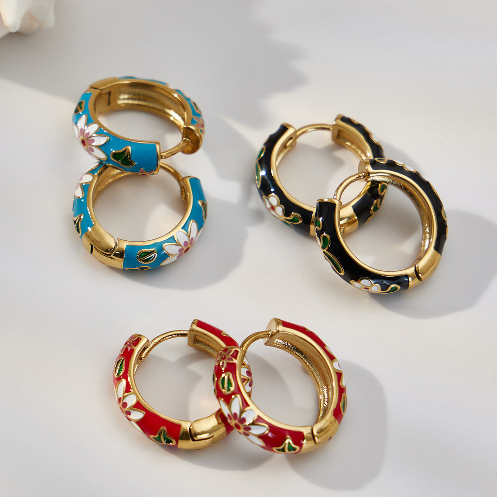 MH 18K Gold Plated Waterproof Stainless Steel Hoop Earrings Zircon Customizable Trendy Color Enamel Peace Design Unisex Jewelry