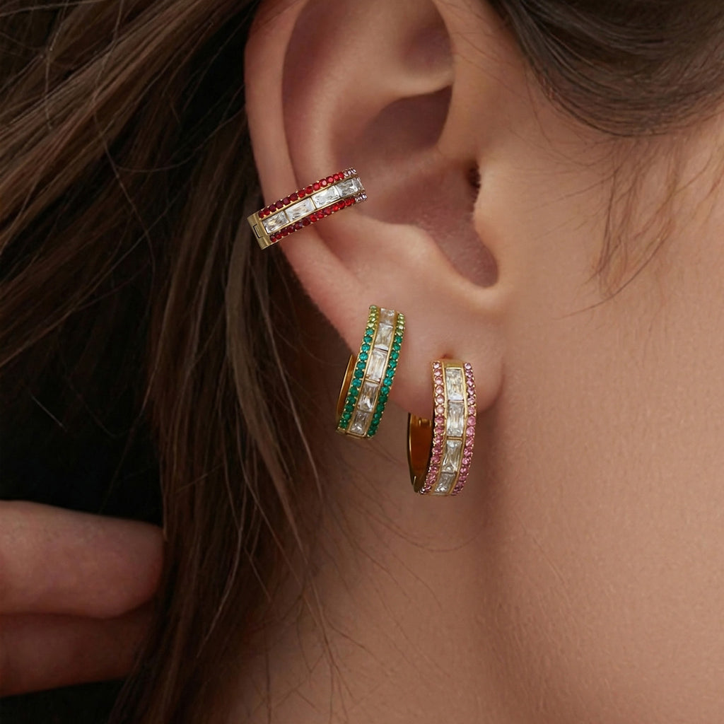 18K Gold Plated Stainless Steel Hoop Earrings with Peace Shape Trendy Colorful Zircons Customizable for Women Party Occasion