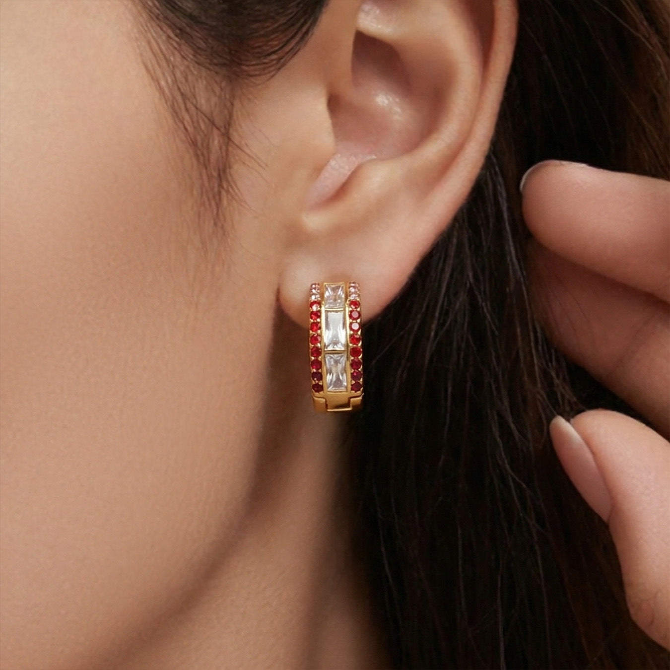 18K Gold Plated Stainless Steel Hoop Earrings with Peace Shape Trendy Colorful Zircons Customizable for Women Party Occasion