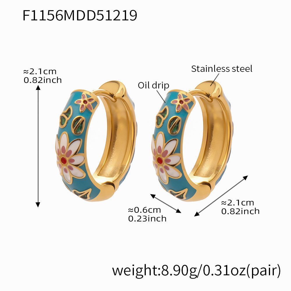 MH 18K Gold Plated Waterproof Stainless Steel Hoop Earrings Zircon Customizable Trendy Color Enamel Peace Design Unisex Jewelry