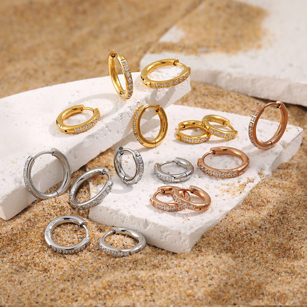 Trendy Stainless Steel Real Gold Plated Bridal Hoop Huggie Earrings for Unisex Small Size Wholesale White Zircons for Party Gift