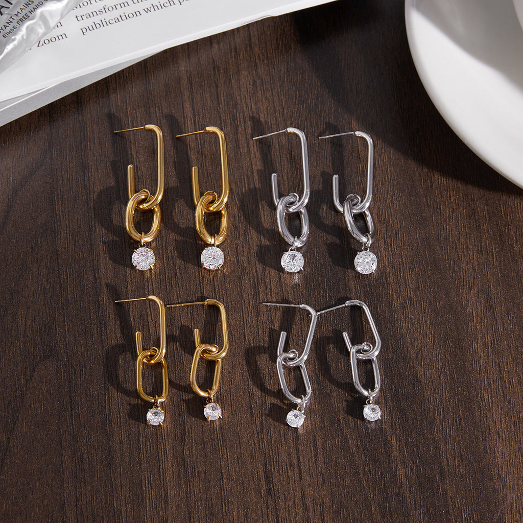 Stainless Steel Zirconium Drop Earrings 18K Gold Plated Light Luxury High-End Feel Unique Design Party Jewelry