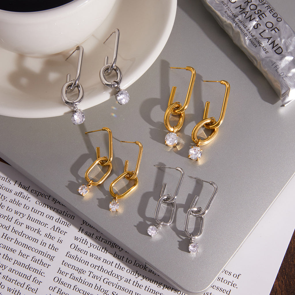 Stainless Steel Zirconium Drop Earrings 18K Gold Plated Light Luxury High-End Feel Unique Design Party Jewelry