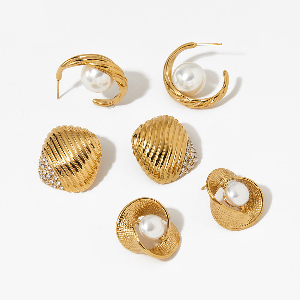 Versatile Textured Stud Earrings Irregular Creative Trendy Striped Pearl Stainless Steel Real Gold PVD Plated Fashion Jewelry