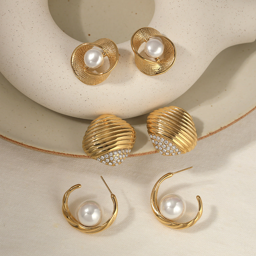 Versatile Textured Stud Earrings Irregular Creative Trendy Striped Pearl Stainless Steel Real Gold PVD Plated Fashion Jewelry