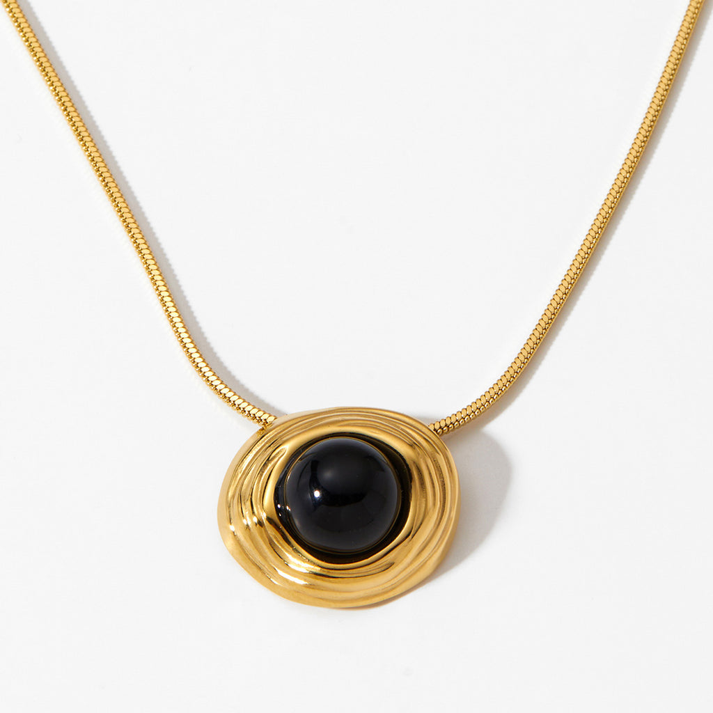 Customizable 18K PVD Gold Plated Round Rope Chain with Black Agate Pendant Tiara Crown Geometric Link Necklace for Parties