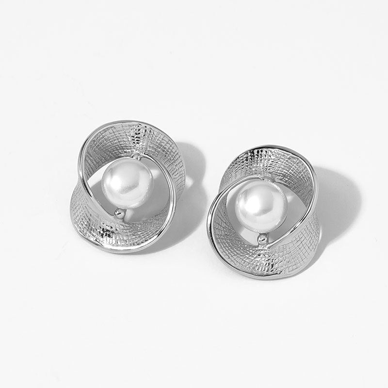 Versatile Textured Stud Earrings Irregular Creative Trendy Striped Pearl Stainless Steel Real Gold PVD Plated Fashion Jewelry