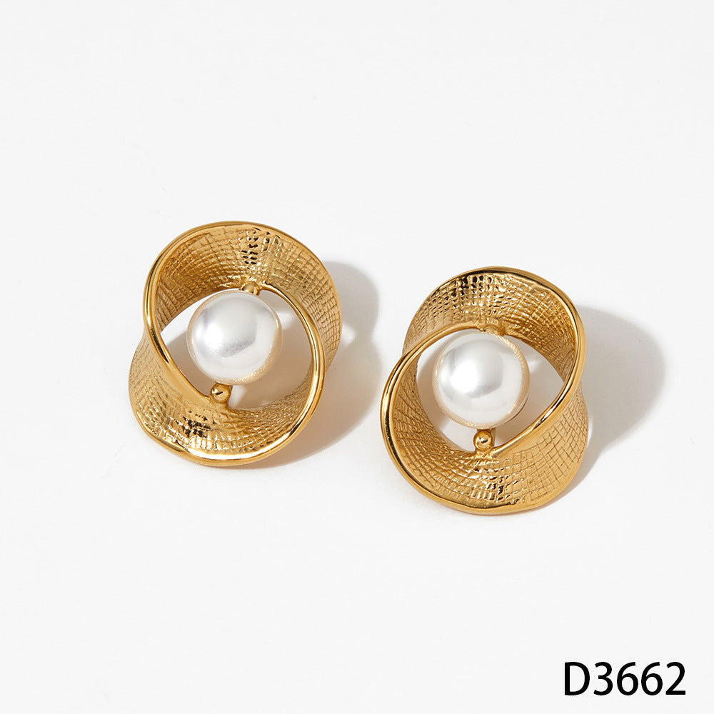 Versatile Textured Stud Earrings Irregular Creative Trendy Striped Pearl Stainless Steel Real Gold PVD Plated Fashion Jewelry