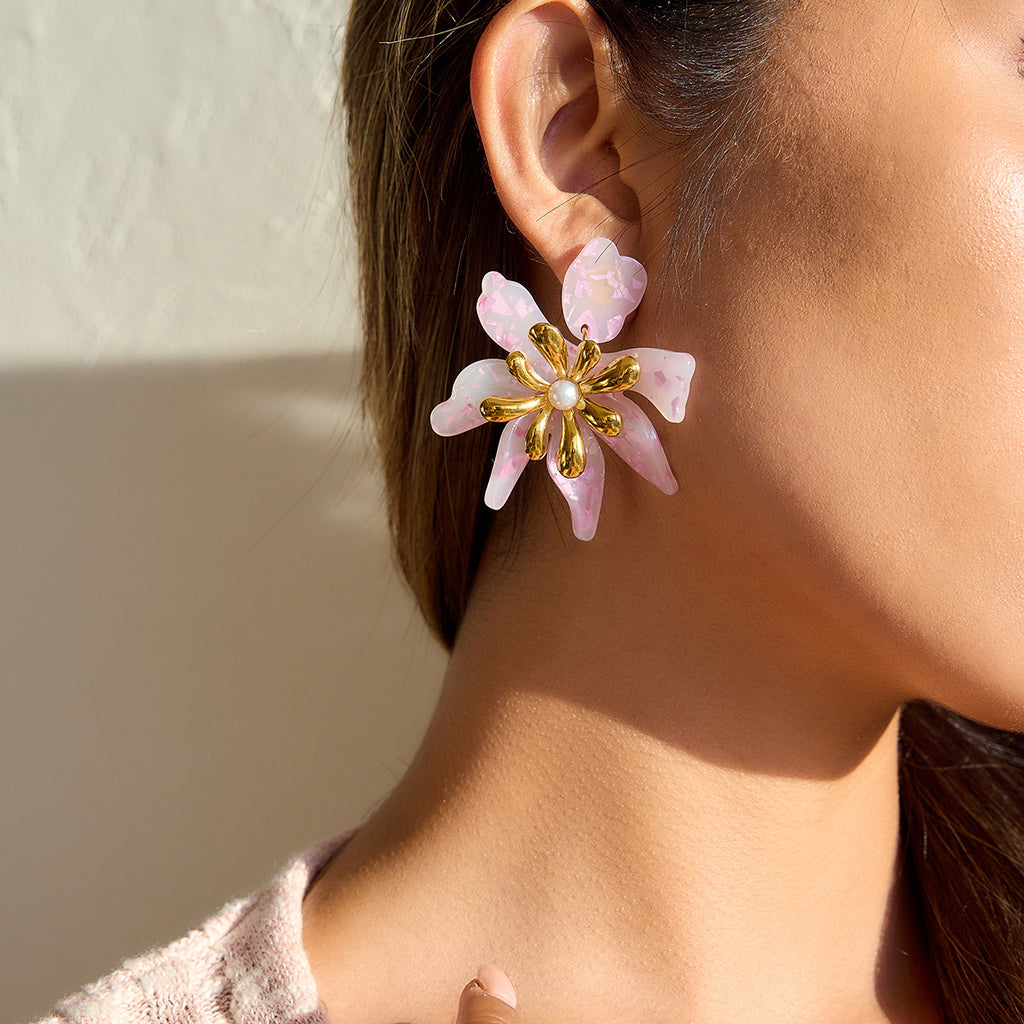 Vivid Large pink Flower Trendy Stud Earrings 18K Gold Plated Stainless Steel Waterproof Certified Jewelry for Women for Parties