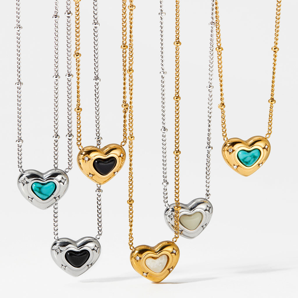 Customizable 18K PVD Gold Plated Stainless Steel Chain Trendy Natural Stone Heart Pendant with White Zircons Necklaces