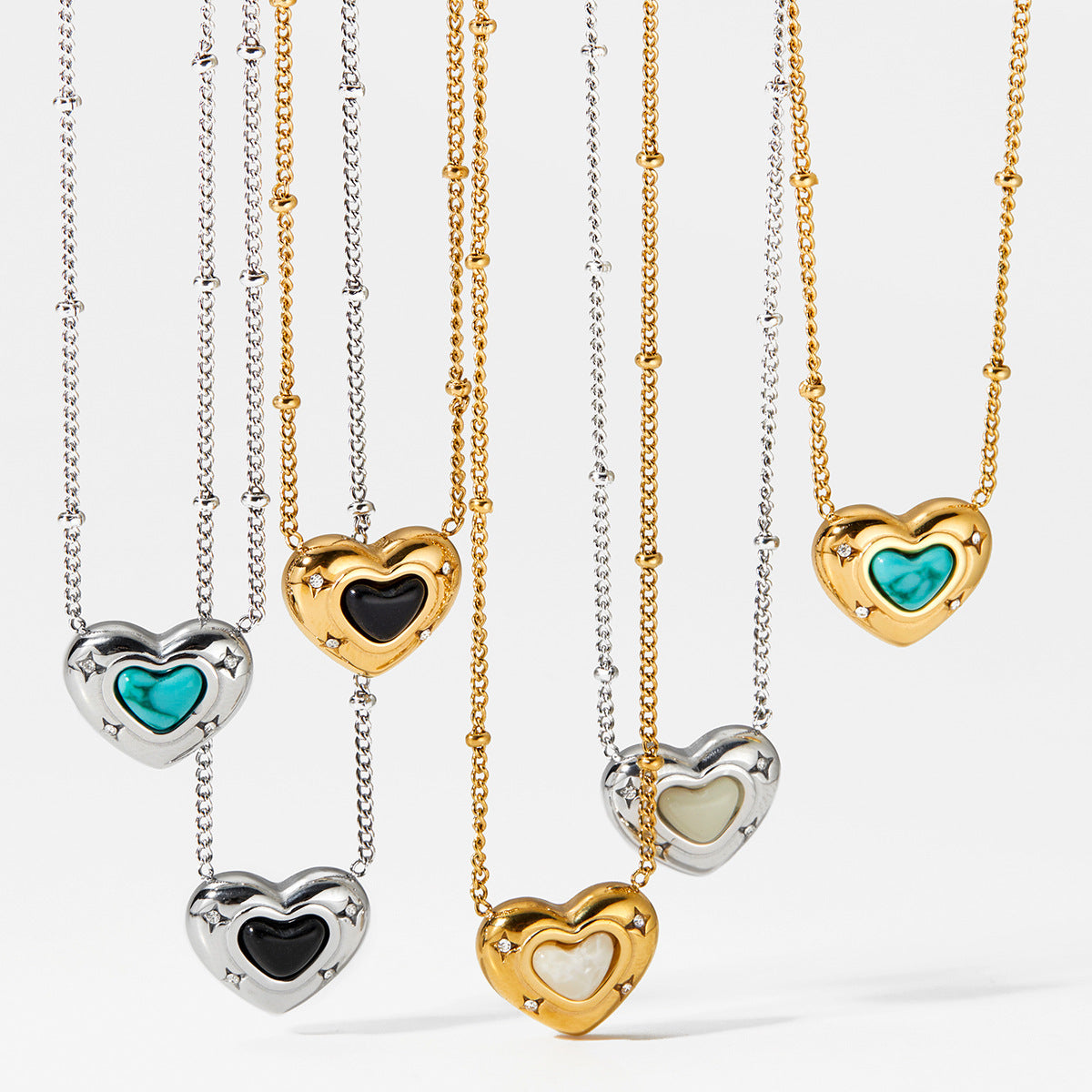 Customizable 18K PVD Gold Plated Stainless Steel Chain Trendy Natural Stone Heart Pendant with White Zircons Necklaces