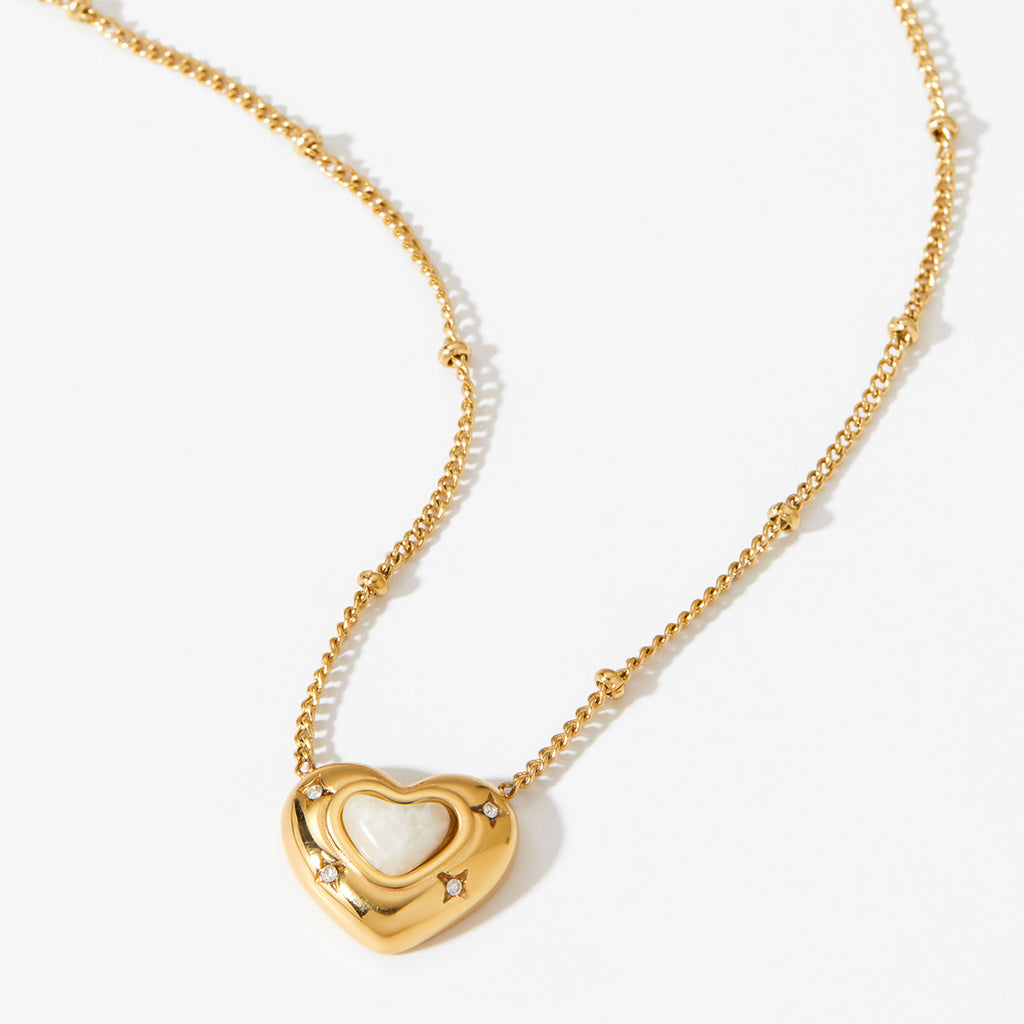 Customizable 18K PVD Gold Plated Stainless Steel Chain Trendy Natural Stone Heart Pendant with White Zircons Necklaces