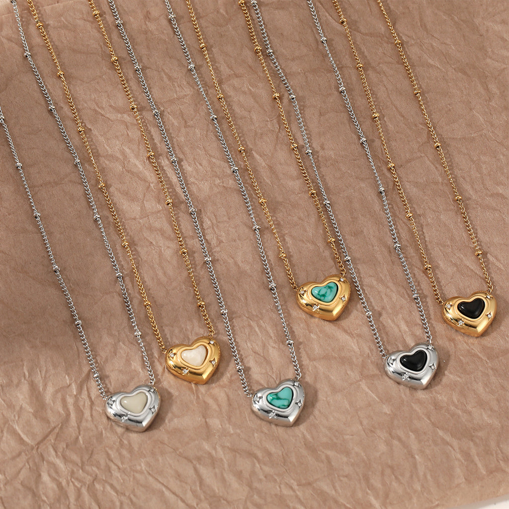Customizable 18K PVD Gold Plated Stainless Steel Chain Trendy Natural Stone Heart Pendant with White Zircons Necklaces